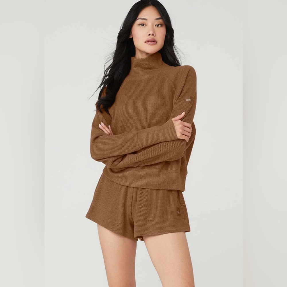 Waffle Weekend Escape Mock Neck Long Sleeve and Shorts set